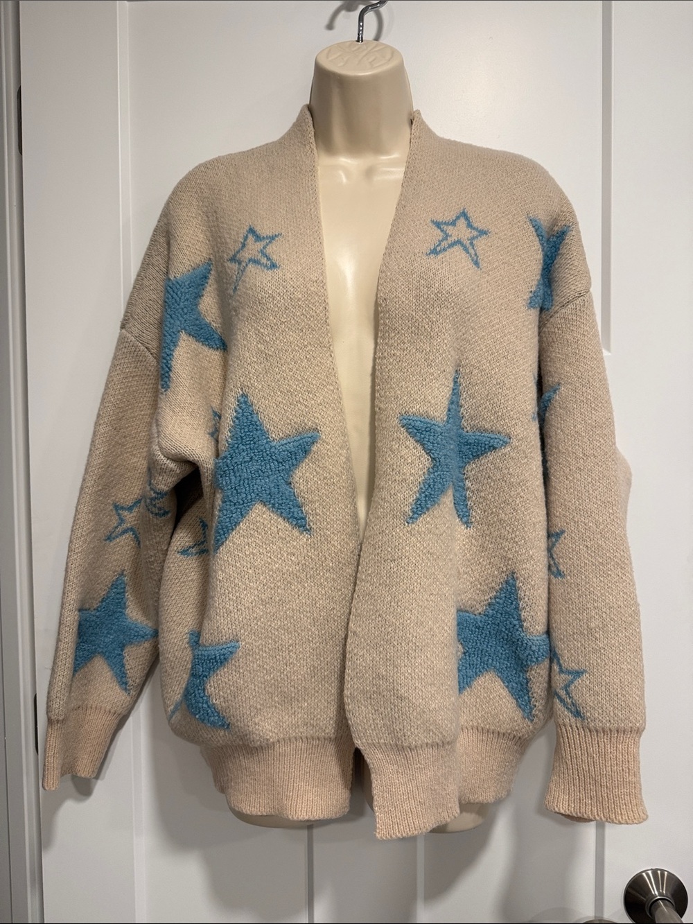 POL Small Oatmeal Blue Star Bouclé Open Front Cardigan Cozy Oversized Boho